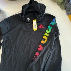 addidas L/G (14-16) Hooded ls shirt. Black with multicolored addidas on sleeves
